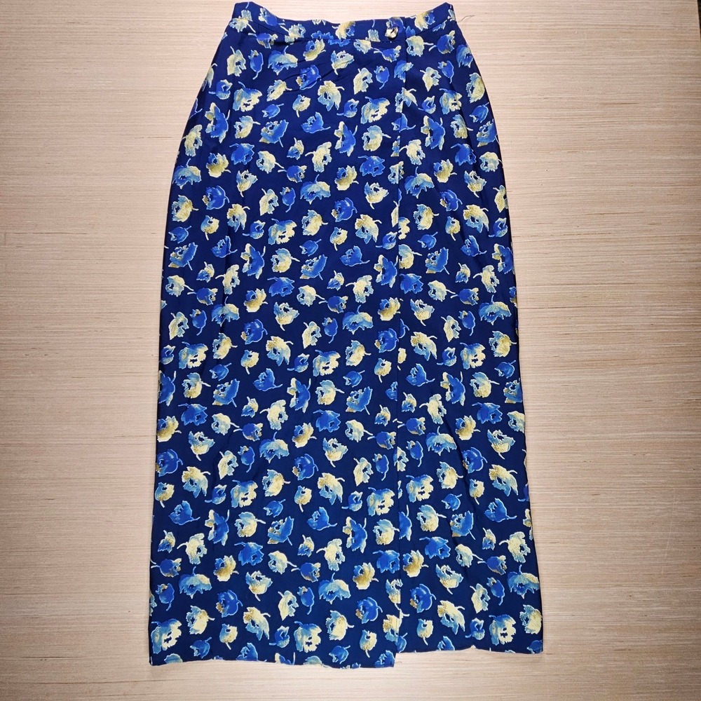 Rolling Over Skirt Womens M Blue Floral Faux Wrap Midi‎ Vintage Casual  Cottage